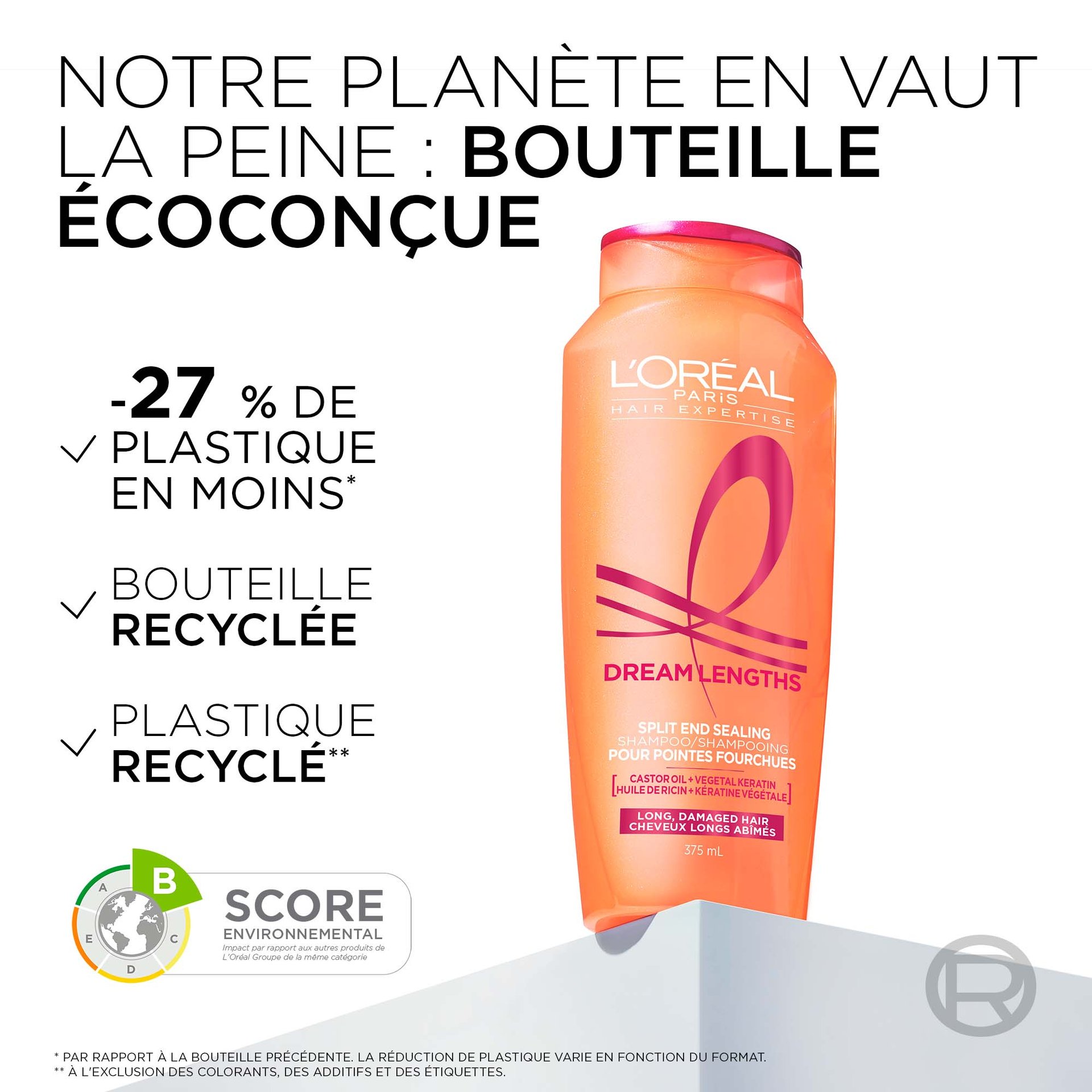 1 bouteille de shampoing dream length qui est écoconçue avec moins de 27% de plastique et fait à base de plastique recyclé